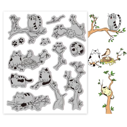 GLOBLELAND Haftstempel Mit Cartoon Katze Und Zweig 7.09x8.66Inch EVA Stempel Mit Katze Und Baum Prägestempel Siegelstempel Aus Gummi Für DIY Scrapbooking Und Kartenherstellung Papierbasteldekor von GLOBLELAND