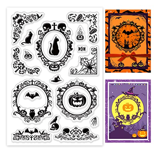 GLOBLELAND Halloween Clear Stamps Bat Cat Pumpkin Lace Corner Frame Silicone Clear Stamp Seals for Cards Making DIY Scrapbooking Photo Journal Album Decoration von GLOBLELAND