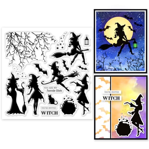 GLOBLELAND Halloween Hexe Silhouette Clear Stamps 5.91x5.91 Zoll Verwitterter Baum Schwarze Katze Fledermaus Silhouette Silikon Clear Stamp Siegel Transparente Stempel Für DIY Scrapbooking von GLOBLELAND