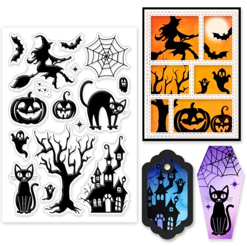 GLOBLELAND Halloween Silhouette Klare Silikonstempel Für DIY Kartenherstellung Hexe Schwarze Katze Silikon Transparenter Siegelbaum Geist Dekorative Klare Stempel Für Scrapbooking von GLOBLELAND