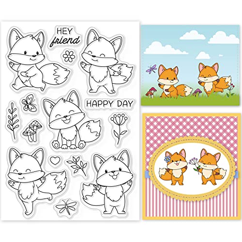 GLOBLELAND Happy Fox Clear Stamps Blumen Schmetterlingsblätter Silikon Klare Stempelsiegel für Karten, Die DIY Scrapbooking Fotojournal Album Dekoration Machen von GLOBLELAND