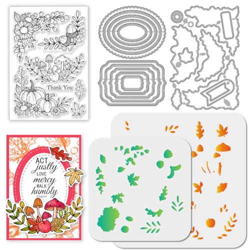 GLOBLELAND Herbst Eckschilder Transparente Stempel Geometrischer Metallrahmen Kürbisblätter Stanzformen PET Farbe Bastelschablonen Vorlage Für Kartengestaltung Und DIY Prägungen Scrapbooking von GLOBLELAND