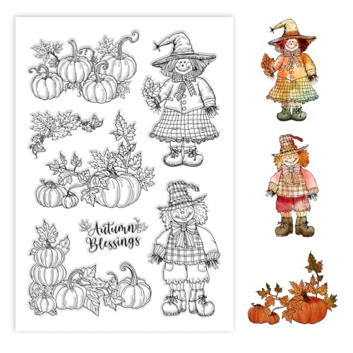 GLOBLELAND Herbst Silikon Stempel Herbst Kürbis Vogelscheuche Ahornblatt Transparente Stempelsiegel Für Die Kartengestaltung DIY Scrapbooking Journaling Dekoration 11x16cm /4.3x6.3 Zoll von GLOBLELAND