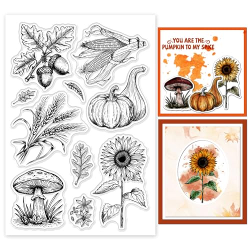 GLOBLELAND Herbstpflanzen Clear Stempels Kürbis Sonnenblume Eichel Pilz Silikon Clear Stempel Siegel Weizen Ähre Mais Transparente Stempel Für DIY Scrapbooking Kartenherstellung von GLOBLELAND