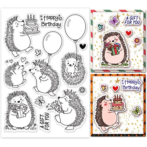 GLOBLELAND Igel und Geburtstag Klare Stempel für DIY Scrapbooking Dekor Feier Tiergeburtstagstorte Schmetterlingsballon Transparente Silikonstempel zum Erstellen von Karten Fotoalbum 148x21x3mm von GLOBLELAND