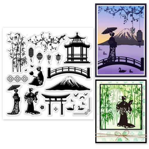 GLOBLELAND Japanische Pflanzen Geisha Silhouette Clear Stempels 5.91x5.91 Zoll Gebäude Laterne Ente Silhouette Silikon Clear Stempel Siegel Transparente Stempel Für DIY Kartenherstellung von GLOBLELAND