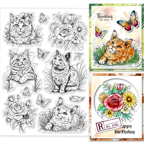 GLOBLELAND Katzen, Blumen, Gras, Klare Stempel Für Die Kartengestaltung, Katzen, Klarer Silikonstempel, 21x14.8 cm, Tier Klare Stempel, Siegel, Tier Transparente Stempel Für DIY, Scrapbooking von GLOBLELAND