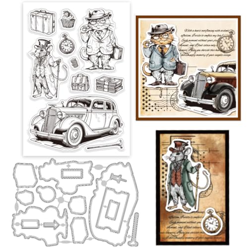 GLOBLELAND Klare Stempel „Gentlemen“ Mit Katze Und Maus Retro Stanzformen Set Mit Tierrahmen Silikon Transparentstempel Und Metall Stanzungen Für Die Kartengestaltung Und DIY Prägungen Scrapbooking von GLOBLELAND