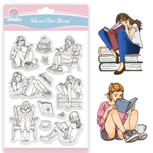 GLOBLELAND Klare Stempel „Lady And Books“ Aus Silikon Mit Buchlesung Transparente Stempel Mit Bücherthema Für Selbstgemachtes Scrapbooking Und Kartenmachen Fotoalbum Tagebuch 6.3x4.33 Zoll von GLOBLELAND