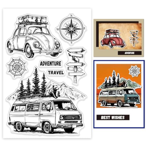 GLOBLELAND Klare Stempel Für Abenteuerreisen Zur Kartengestaltung Tourenwagen Hintergrundstempel Wohnmobil Kompass Transparenter Silikonstempel Für Scrapbooking DIY Prägung Journaling von GLOBLELAND