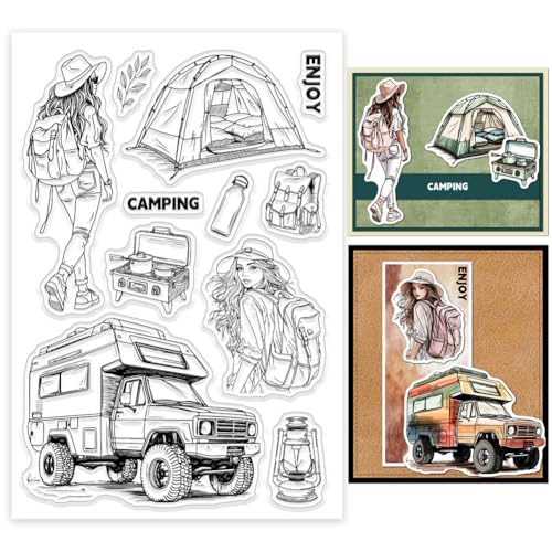 GLOBLELAND Klare Stempel Für Camping Frauen Wohnmobil Zelt Dame Silikon Klare Stempel Siegel Rucksack Wasserbecher Transparente Stempel Für DIY Scrapbooking Karten Erstellen von Fotoalben Tagebüchern von GLOBLELAND