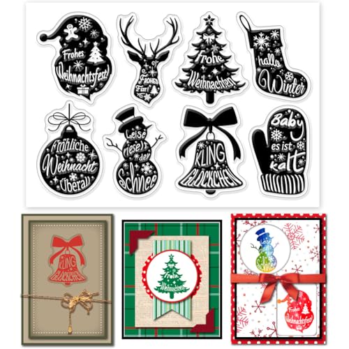 GLOBLELAND Klare Stempel Mit Deutschem Weihnachtstext Weihnachtsbaumglocken Weihnachtsmann Silikon Klarstempelsiegel Rentierhandschuhe Schneemannsocken Transparente Stempel Für DIY Scrapbooking von GLOBLELAND