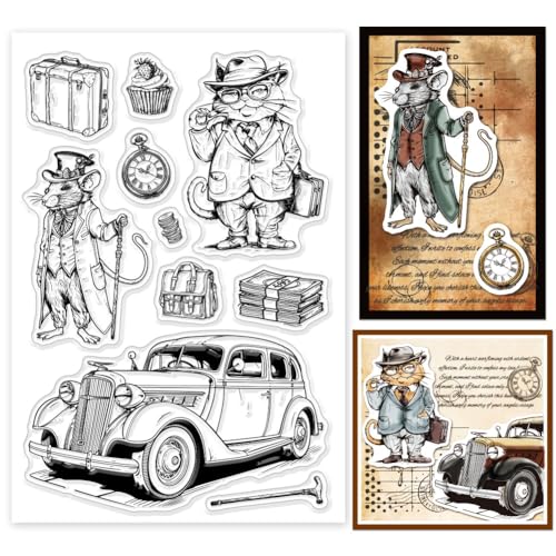 GLOBLELAND Klare Stempel Mit Gentleman Motiv Katze Und Maus Auto Koffer Taschenuhr Silikon Klare Stempelsiegel Transparente Stempel Für DIY Scrapbooking Karten Erstellen von Fotoalben Tagebüchern von GLOBLELAND