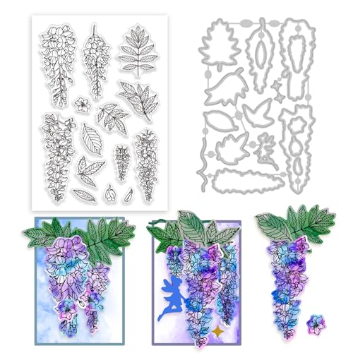 GLOBLELAND Klare Stempel Mit Glyzinienblüten Und Stanzformen Set Mit Pflanzenblättern. Klare Stempel Aus Blumensilikon Und Feen Stanzformen Aus Metall Für Die Kartengestaltung Und Das Basteln von von GLOBLELAND