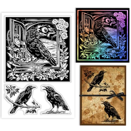 GLOBLELAND Klare Stempel Mit Krähe Für Die Fensterbank Klare Stempel Mit Krähe Und Mond Halloween Krähen Hintergrund Silikonstempel Für DIY Scrapbooking Fotoalbum Dekorative Karten 6.3x4.33 Zoll von GLOBLELAND