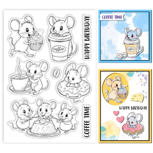 GLOBLELAND Klare Stempel Mit Maus Und Dessert Für Scrapbooking. Happy Birthday Stempel. Transparenter Tier Silikonstempel Für Die Kartengestaltung DIY Prägung Journaling von GLOBLELAND