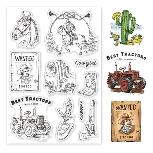 GLOBLELAND Klare Stempel Mit Traktor Cowboy Und Cowgirl Motiv Zum Gestalten von Karten Pferd Kaktus Silikon Klarstempel Wörter Transparente Stempel Siegel Für DIY Scrapbooking Prägung Papieralbum von GLOBLELAND