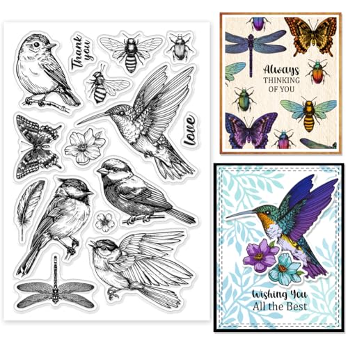 GLOBLELAND Klare Stempel Mit Vogel Libellen Und Schmetterlingsmotiv Biene Kolibri Feder Silikon Klarstempel Siegel Blumen Insekten Tiere Transparente Stempel Für DIY Scrapbooking Karten Fotoalbum von GLOBLELAND