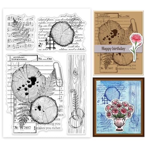 GLOBLELAND Klare Stempel Mit Wachstumsringen Im Hintergrund Farnblätter Pflanzen Silikon Klarstempel Siegel Körner Musiknote Transparente Stempel Für DIY Scrapbooking Karten Erstellen von Fotoalben von GLOBLELAND