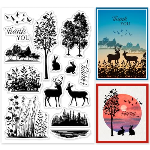 GLOBLELAND Klare Stempel Mit Waldtier Silhouette Wildhirsch Kaninchen Vogel Silikon Klarstempel Siegel Transparente Stempel Für DIY Scrapbooking Karten Erstellen von Fotoalben Journalen von GLOBLELAND