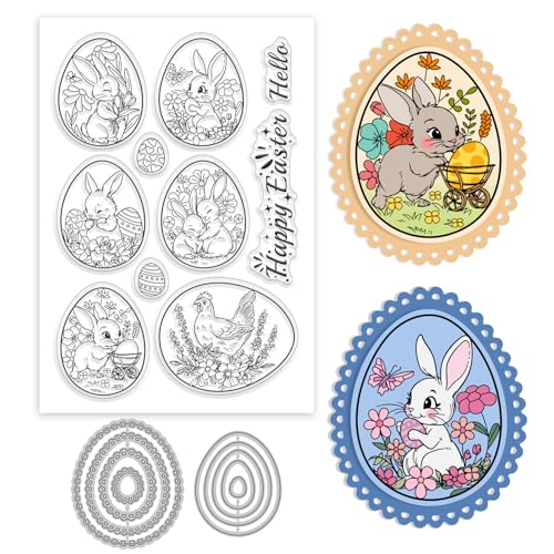 GLOBLELAND Klare Stempel Und Metallstanzungen Mit „Frohe Ostern“ Hasenei Transparenter Stempel Mit Eierrahmen Stanzformen für Die Kartengestaltung Prägung Scrapbooking von GLOBLELAND