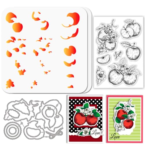 GLOBLELAND Klarer Stempel Mit Apfel Und Blumenmotiv Obst Stanzform PET Farbe Bastelvorlage Schablonen Set Für Die Kartengestaltung Und DIY Prägung Scrapbooking Basteldekor von GLOBLELAND