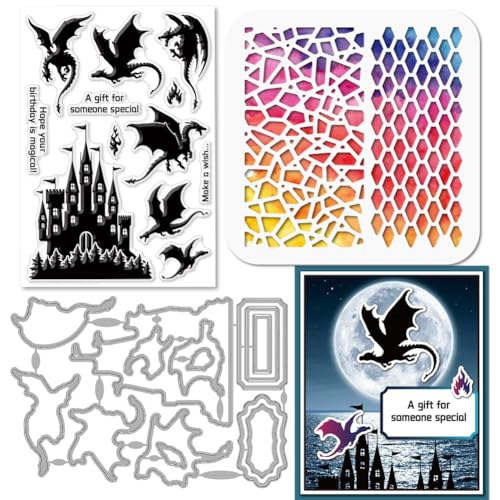 GLOBLELAND Klarer Stempel Mit Drachenschloss Flamme Drachenrahmen Stanzform Drachenschuppen Hintergrund PET Farbe Bastelvorlage Schablonen Set Für Die Kartengestaltung Und DIY Prägung Scrapbooking von GLOBLELAND