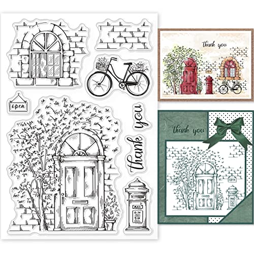 GLOBLELAND Landschaft Clear Stamps für DIY Scrapbooking Dekor Tür Fenster Fahrrad Baum Briefkastenszene Transparente Silikonstempel zum Erstellen von Karten Fotoalbum Dekor von GLOBLELAND