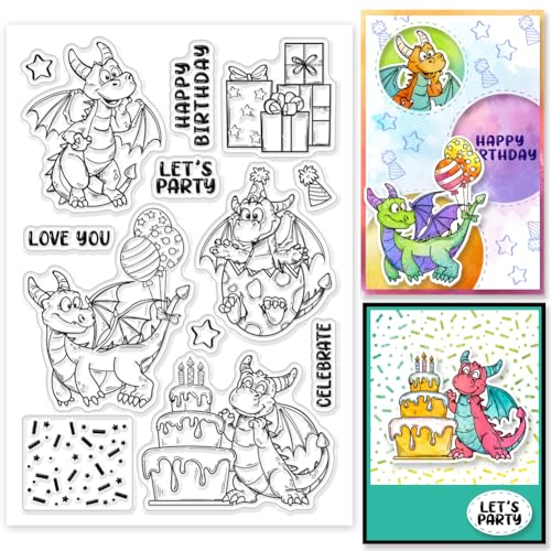 GLOBLELAND Lustiger Klarer Stempel Mit Drachen Geburtstag Cartoon Drache Klare Stempel „Happy Birthday“ Drache Silikonstempel Für Selbstgemachtes Scrapbooking Fotoalbum Dekorative Karten von GLOBLELAND