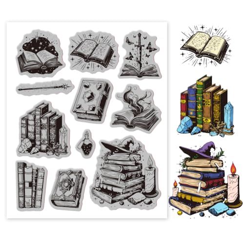 GLOBLELAND Magic Books Cling Stempel Aus Gummi 7.09x8.66Inch Zauberstab Und Zaubertrank EVA Stempel Prägestempel Siegelstempel Aus Gummi Für DIY Scrapbooking Und Kartenherstellung Papierbasteldekor von GLOBLELAND