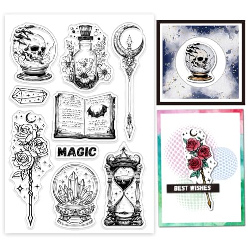 GLOBLELAND Magic Crystal Ball Scepter Clear Stamps Skelett Magic Book Silicone Clear Stamp Seals Rose Scepter Transparent Stamps for DIY Scrapbooking Cards Making Photo Album Journal von GLOBLELAND