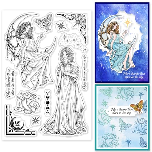 GLOBLELAND Magic Moon Goddess Clear Stamp Vintage Clear Rubber Stamps Star Border Silikonstempel Für DIY Scrapbooking, Fotoalbum, Dekorative Karten, 6.33x4.3 Zoll von GLOBLELAND