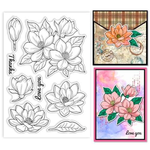 GLOBLELAND Frühling Magnolia Clear Stamps Flowers Blessings Silikon Stempel Mit Pflanzen Und Blättern Transparente Stempel Für DIY Scrapbooking Und Kartenherstellung Fotoalbum Tagebuch 6.3x4.33 Zoll von GLOBLELAND