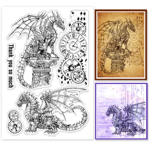 GLOBLELAND Mechanischer Drache, klare Stempel, Steampunk-Drache, transparente Stempel, Zahnrad-Uhr, Hintergrund, Silikonstempel für DIY, Scrapbooking, Fotoalbum, dekorative Karten, 16 x 11 cm von GLOBLELAND