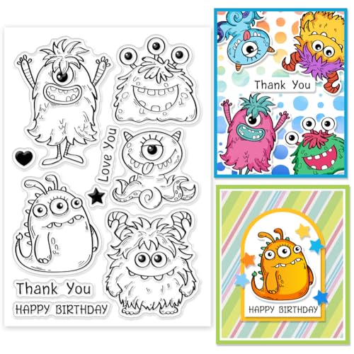 GLOBLELAND Monsters Geburtstagsetikett Klare Stempel Schichtung Transparenter Monsters Stempel Geburtstag Danke Liebe Dich Silikonstempel Für Die Kartengestaltung DIY Prägung Scrapbooking Basteln von GLOBLELAND