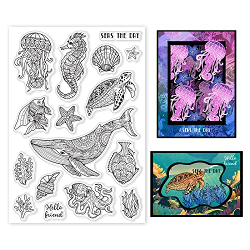 GLOBLELAND Ocean Life Klare Stempel Meereswale Schildkröten Seepferdchen Tintenfisch Goldfisch Silikon Klare Stempelsiegel für Karten, Die DIY Scrapbooking Fotojournal Album Dekoration Machen von GLOBLELAND