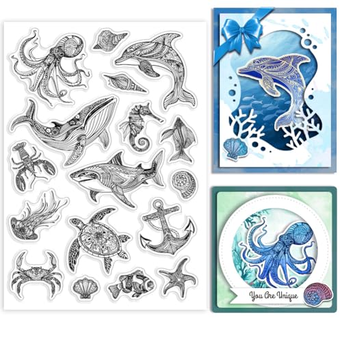 GLOBLELAND Ocean Life Muster Clear Stamps Meereswale Silikon Clear Stamp Seals 21x14.8cm Meeresschildkröten Haie Hummer Transparente Stempel Für DIY Scrapbooking Kartenherstellung von GLOBLELAND