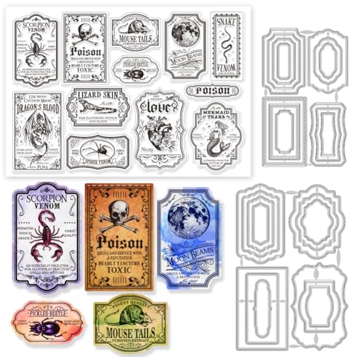 GLOBLELAND Poison Label Transparent Stamps Skorpion Meerjungfrau Spinnenrahmen Stanzformen Set Silikon Transparent Stempel Metall Stanzungen Für Kartengestaltung Und Prägung Scrapbooking Basteldekor von GLOBLELAND