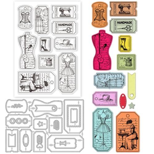 GLOBLELAND Retro Sewing Ticket Clear Stamp and Cutting Dies Set for Card Making Sewing Machines Silicone Clear Stamp Metal Sewing Clothes Stanzformen für DIY Scrapbooking Fotoalbum Dekorativ von GLOBLELAND