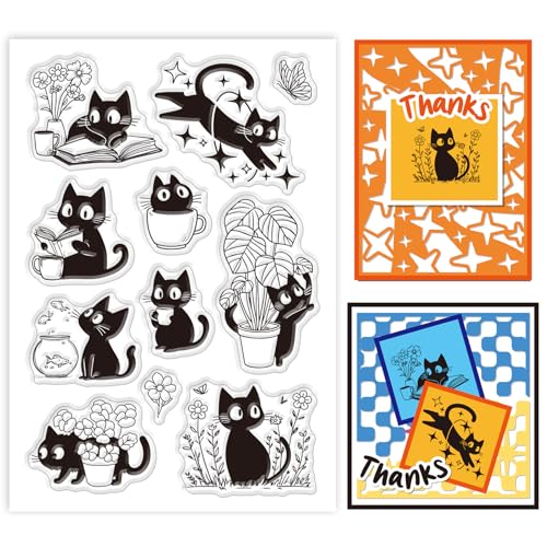 GLOBLELAND Schöne Transparente Stempel Mit Schwarzer Katze Blatt Blume Fisch Schmetterling Silikon Stempelsiegel Cartoon Tiere Transparente Stempel Für DIY Scrapbooking Karten Erstellen von Fotoalben von GLOBLELAND