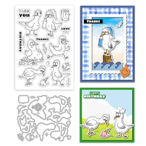 GLOBLELAND Seagull Clear Stamp and Cutting Dies Set for Card Making Cartoon Animal Silicone Clear Stamp Metal Anchor Stanzformen für DIY Scrapbooking Fotoalbum Dekorativ von GLOBLELAND