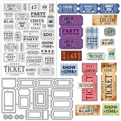 GLOBLELAND Set Mit Vintage Ticket Text Klarsichtstempeln Und Etikettenrahmen Schneidformen Für DIY Scrapbooking Kartenherstellung Dekoratives Fotoalbum Und Notizbuch von GLOBLELAND