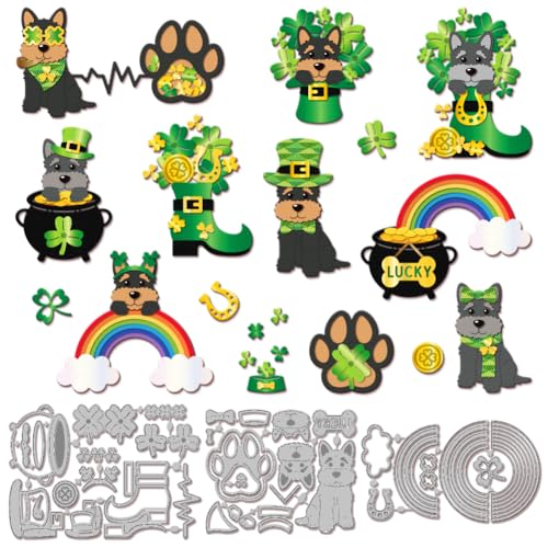 GLOBLELAND St. Stanzformen Mit Hund Zum Patrick'S Day Metall Stanzschablone Mit Hund Und Regenbogen Goldmünzen Papier Stanzformen Für Scrapbooking Kartenherstellung Basteln Papierkarten von GLOBLELAND