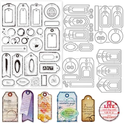 GLOBLELAND Stains Tags Clear Stamp and Cutting Dies Set for Card Making Envelopes Silicone Clear Stamp Metal Geometric Bookmark Stanzformen für DIY Scrapbooking Fotoalbum Dekorativ von GLOBLELAND