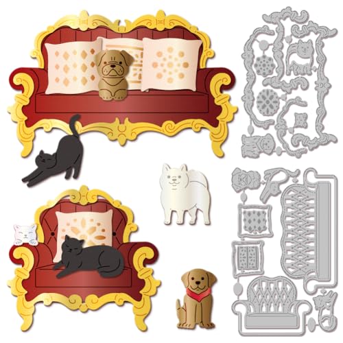 GLOBLELAND Stanzformen Für Sofa Und Stuhl Metall Retro Mehrlagig Katzen Und Hunde Stanzvorlage Papierstanzformen Für Scrapbooking Kartenherstellung Basteln Papierkarten von GLOBLELAND