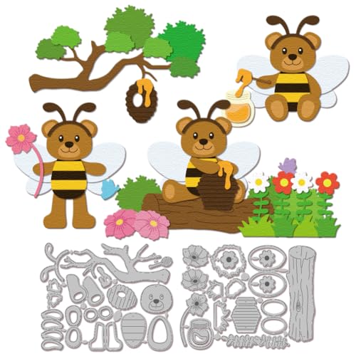 GLOBLELAND Stanzformen In Form von Bienen Und Bären Für Bastelarbeiten Scrapbooking Metall Blumen Honig Stanzformen Baumstamm Gras Bienenstock Stanzungen Für Kartengestaltung Prägung Basteldekoration von GLOBLELAND