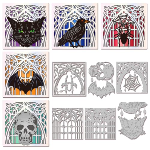 GLOBLELAND Stanzformen Mit Gotischem Rahmen Katze Krähe Skelett Fledermaus Spinne Stanzungen Halloween Vorlage Schablone Für Kartengestaltung Dekoration DIY Scrapbooking Album Basteldekor von GLOBLELAND