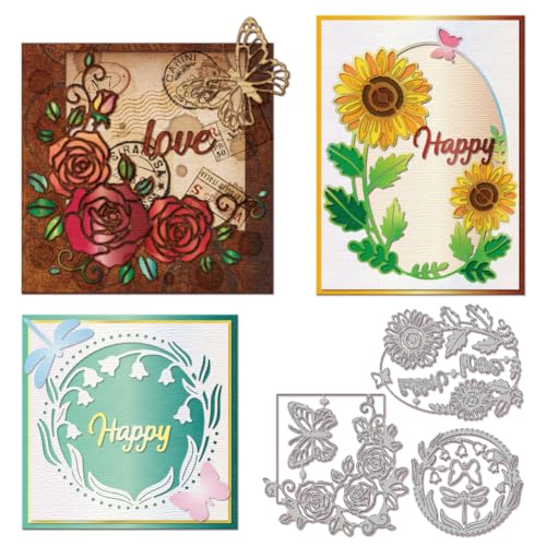 GLOBLELAND Stanzformen Mit Hohlen Blumenrahmen Für DIY Scrapbooking Metall Maiglöckchen Rose Sonnenblume Stanzformen Libelle Schmetterling Stanzungen Für Kartengestaltung Prägung Fotoalbum Basteldekor von GLOBLELAND