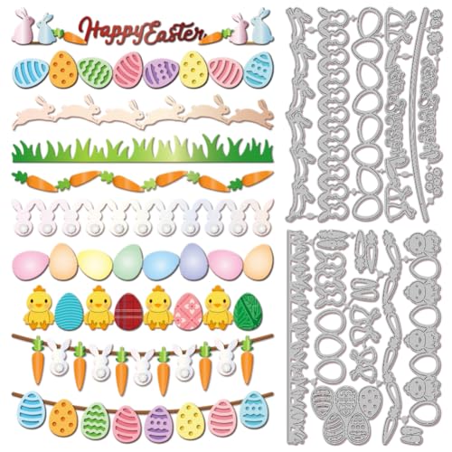 GLOBLELAND Stanzformen Mit Osterelementen Metall Kaninchen Huhn Banner Stanzungen Karotten Eier Linienrahmen Stanz Und Prägevorlagen Für Scrapbooking Basteln Papierkartenherstellung von GLOBLELAND