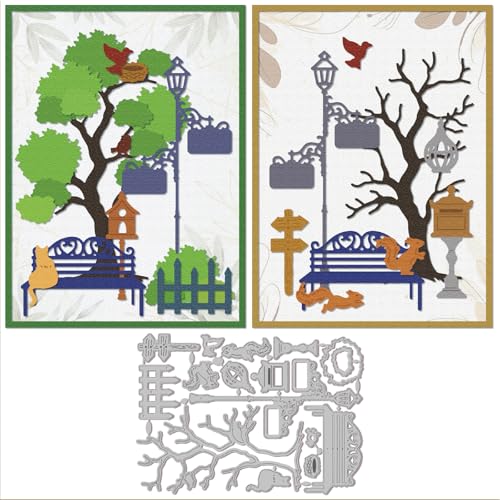 GLOBLELAND Frühling Stanzformen Mit Saisonalem Parkbaum Metall Straßenlaternenschild Briefkastenbank Stanz Und Prägeschablone Vogelkäfig Eichhörnchen Papierstanzungen Für Scrapbooking Papierkarten von GLOBLELAND